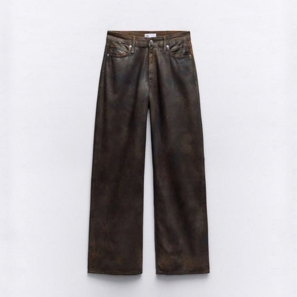 Zara Dark Brown/Black Splotch Mid Rise Loose Fit Foil Jeans 6 NWT